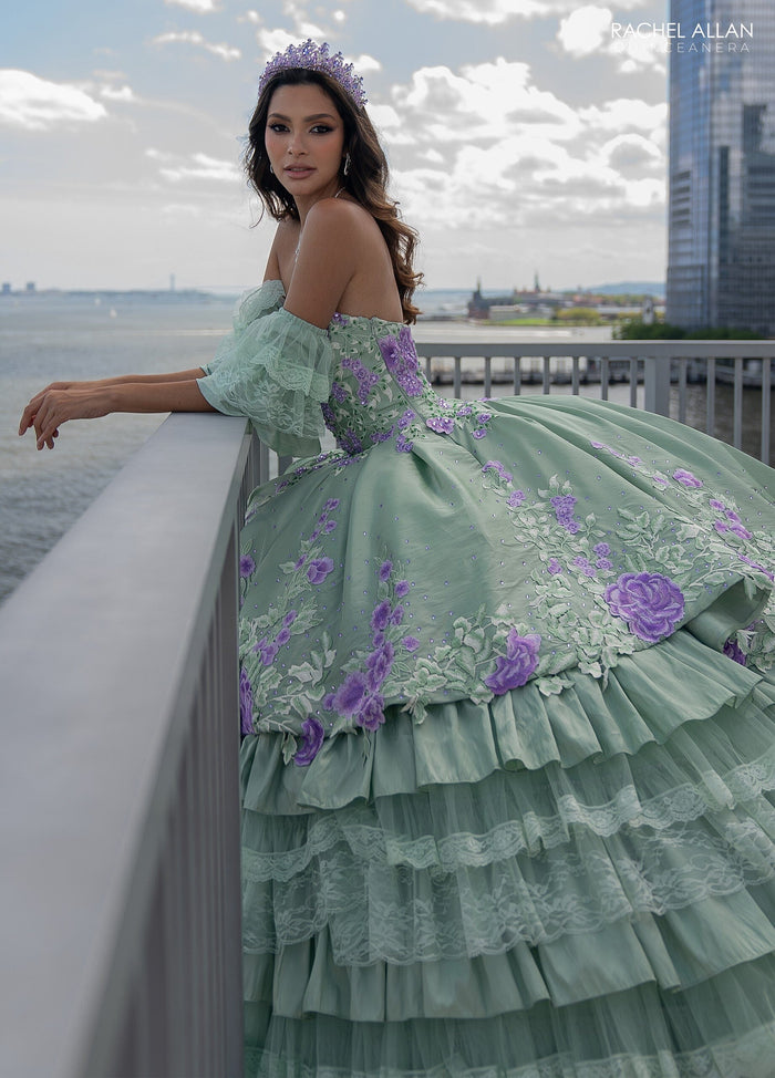 Floral Quinceañera Ball Gown with Embroidery Sleeves & Tiered Ruffle Skirt by Rachel Allan RQ5002