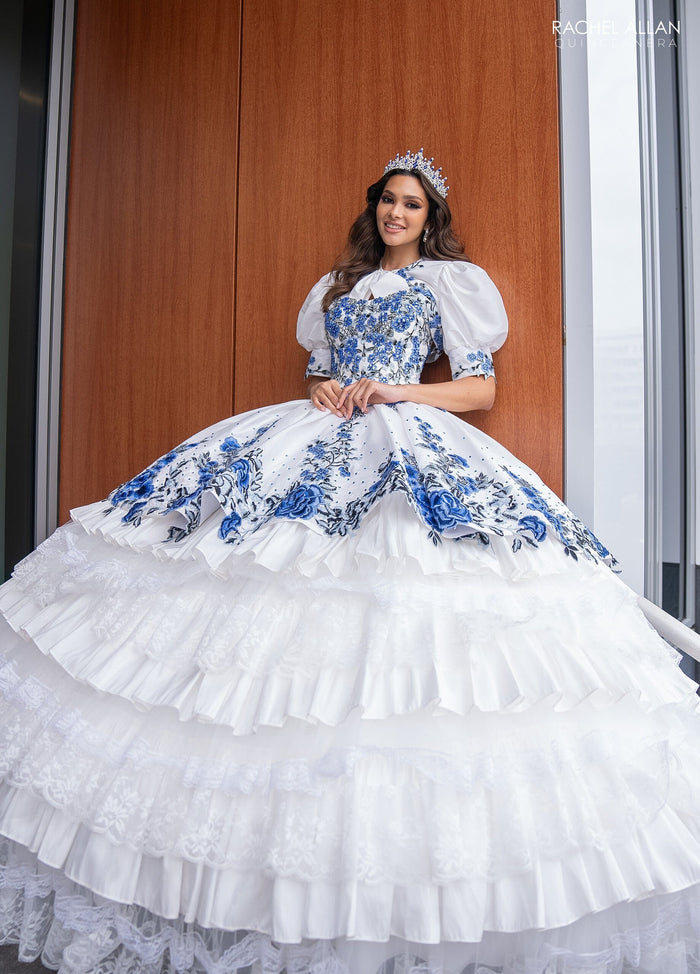 Floral Quinceañera Ball Gown with Embroidery Sleeves & Tiered Ruffle Skirt by Rachel Allan RQ5002