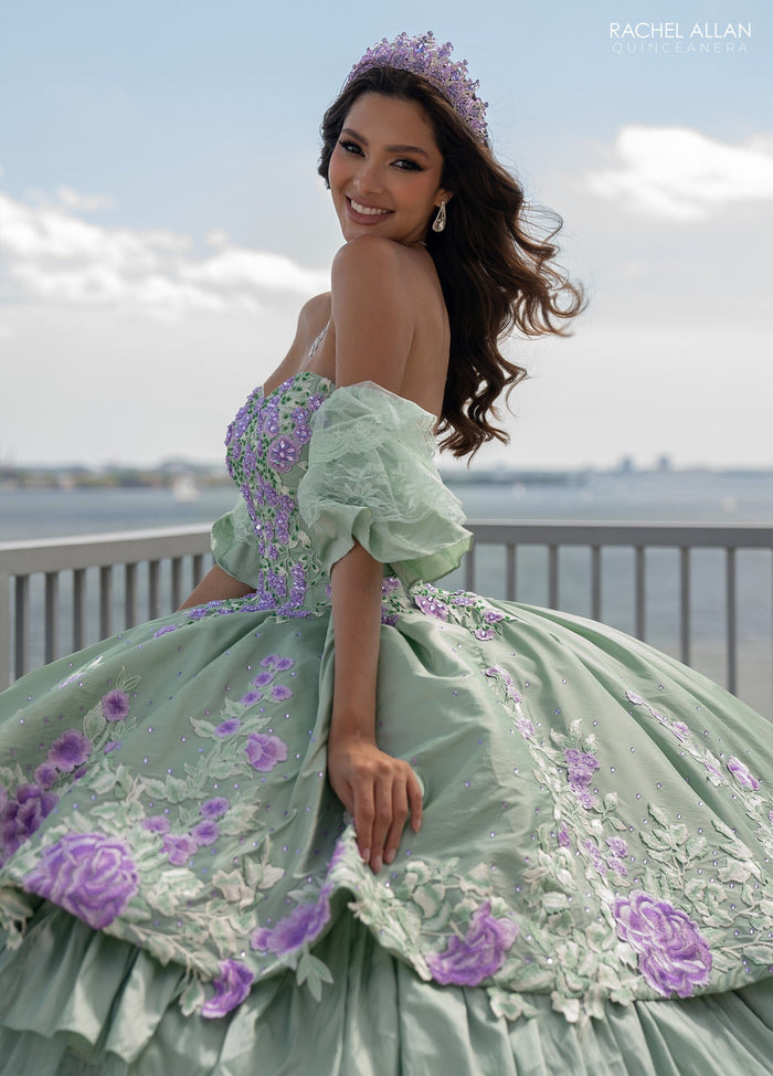 Floral Quinceañera Ball Gown with Embroidery Sleeves & Tiered Ruffle Skirt by Rachel Allan RQ5002