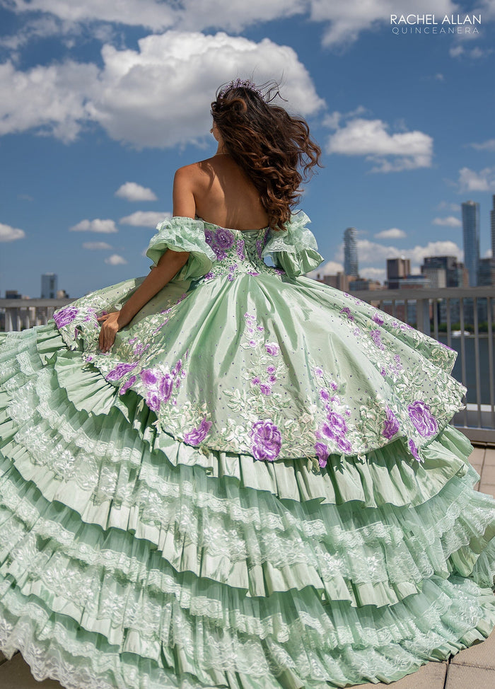 Floral Quinceañera Ball Gown with Embroidery Sleeves & Tiered Ruffle Skirt by Rachel Allan RQ5002