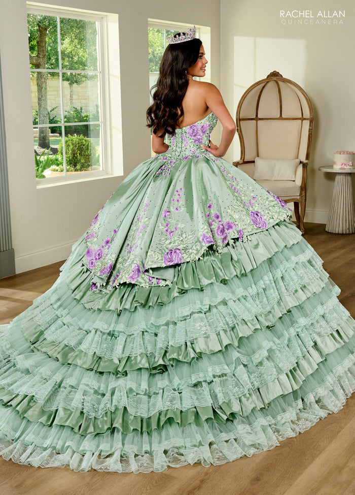 Floral Quinceañera Ball Gown with Embroidery Sleeves & Tiered Ruffle Skirt by Rachel Allan RQ5002