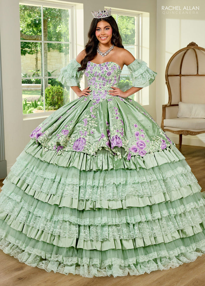 Floral Quinceañera Ball Gown with Embroidery Sleeves & Tiered Ruffle Skirt by Rachel Allan RQ5002