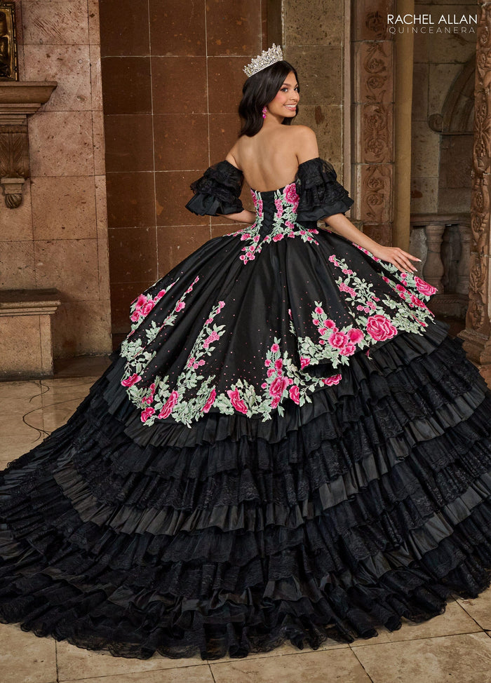 Floral Quinceañera Ball Gown with Embroidery Sleeves & Tiered Ruffle Skirt by Rachel Allan RQ5002