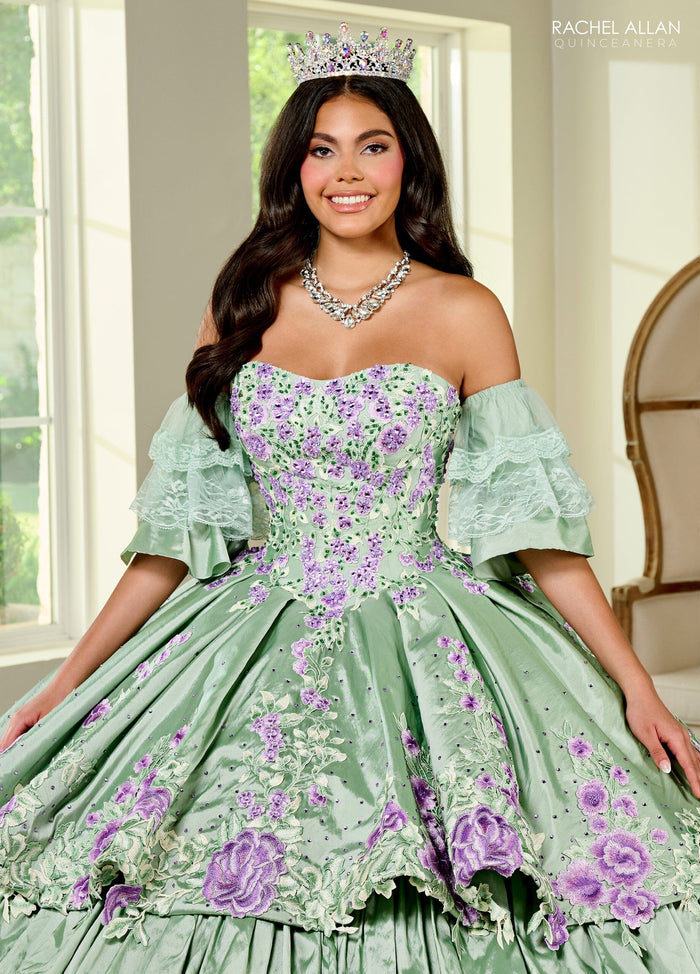 Floral Quinceañera Ball Gown with Embroidery Sleeves & Tiered Ruffle Skirt by Rachel Allan RQ5002