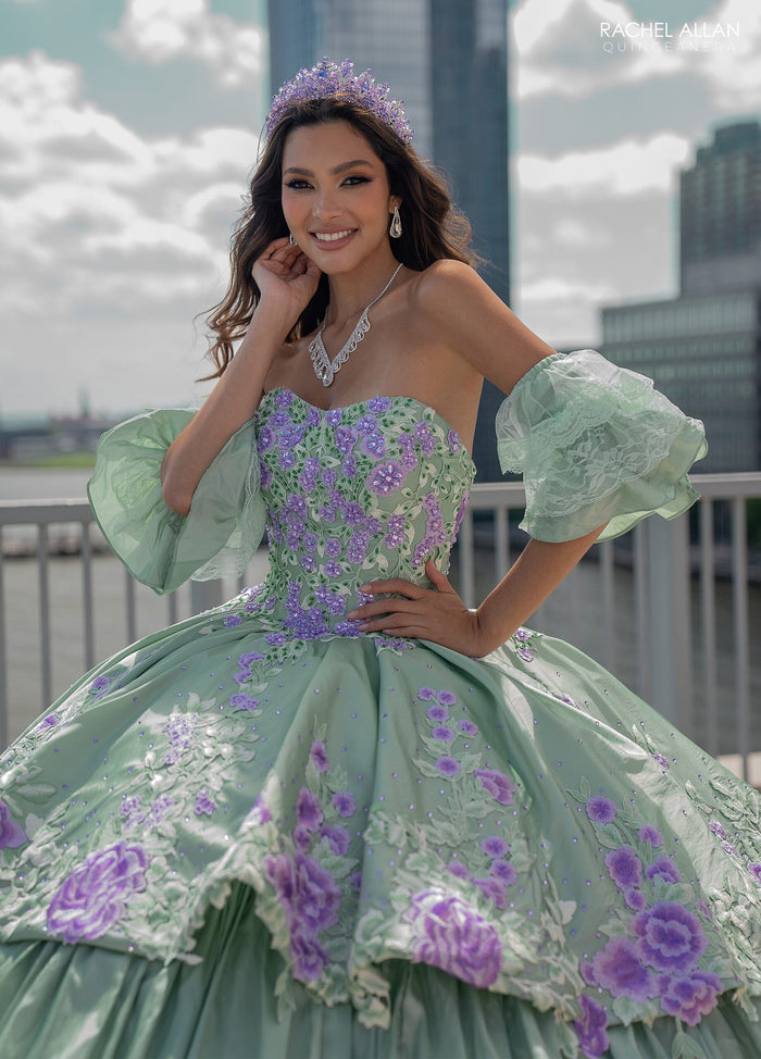 Floral Quinceañera Ball Gown with Embroidery Sleeves & Tiered Ruffle Skirt by Rachel Allan RQ5002
