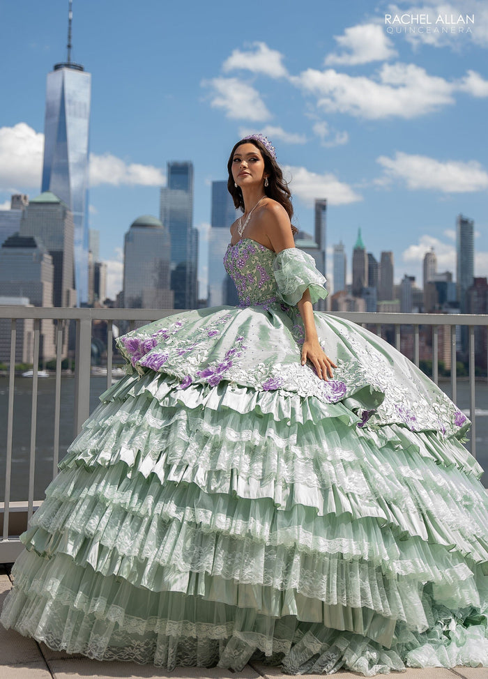 Floral Quinceañera Ball Gown with Embroidery Sleeves & Tiered Ruffle Skirt by Rachel Allan RQ5002