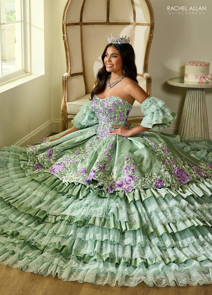 Floral Quinceañera Ball Gown with Embroidery Sleeves & Tiered Ruffle Skirt by Rachel Allan RQ5002