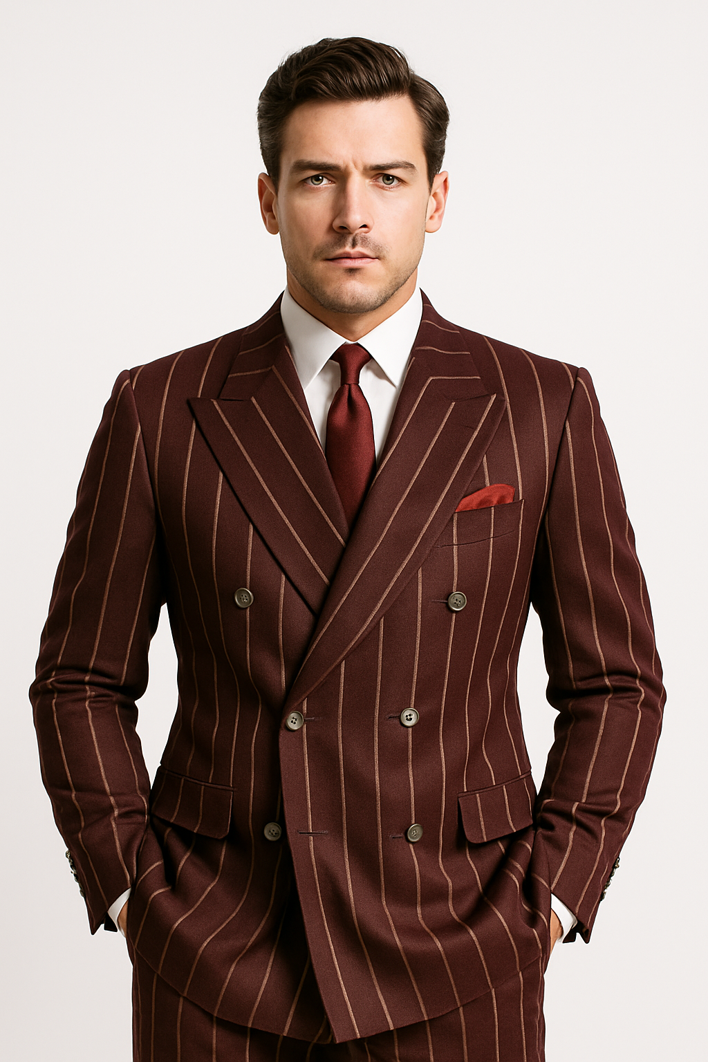 Burgundy Pinstripe Suit - Mens 1920s Gangster Pinstripe Suit - Style Chalk Pinstripe