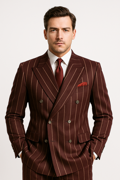 Burgundy Pinstripe Suit - Mens 1920s Gangster Pinstripe Suit - Style Chalk Pinstripe