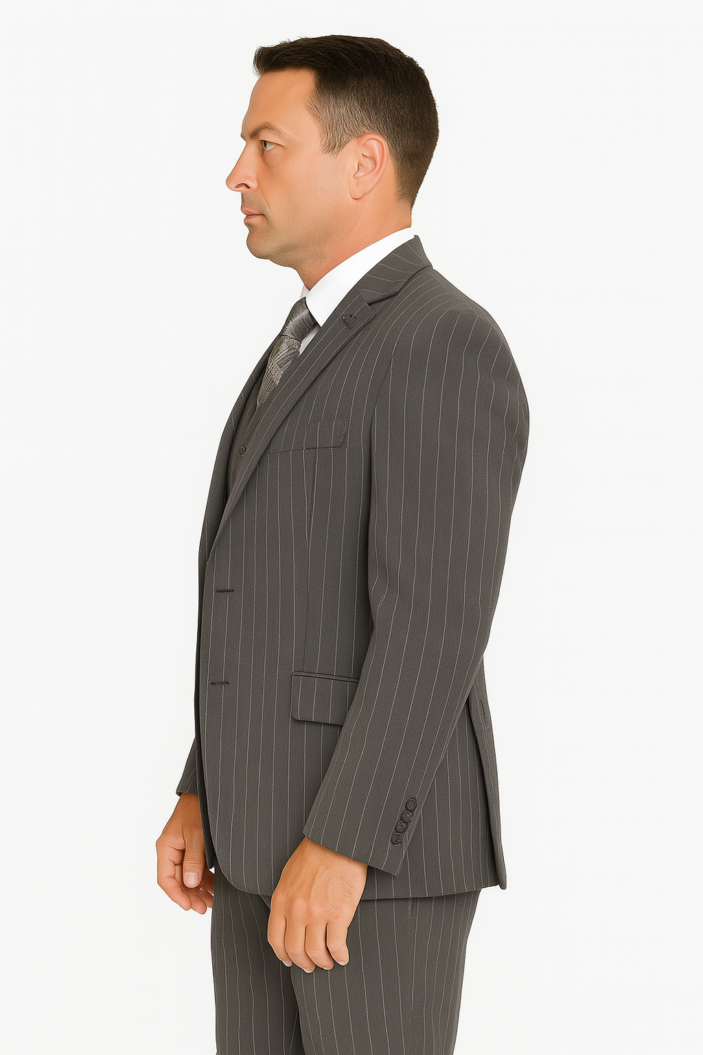Mens Modern Fit Venetian Gatsby Suit – Charcoal Pinstripe with Vest - Banker Stripe