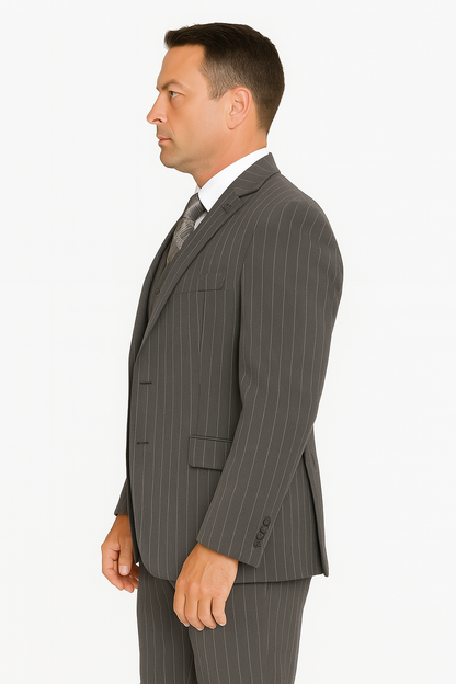Mens Modern Fit Venetian Gatsby Suit  Charcoal Pinstripe with Vest - Banker Stripe
