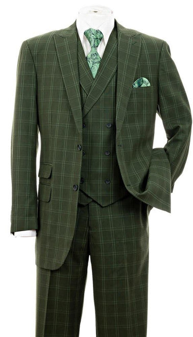 Fortino Mens Olive Windowpane 1920s 3 Piece Fashion Suit 5702V7
