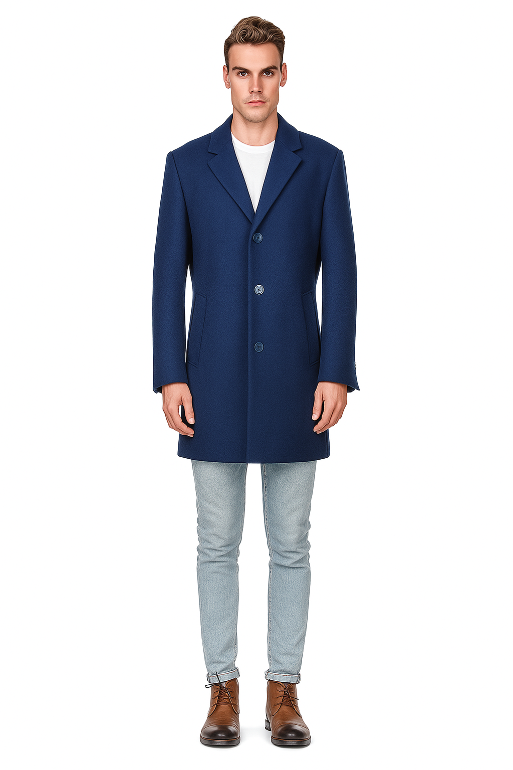 French Saphire Blue Wool and Cashmere Carcoat in Color "Indigo Blue" - Topcoat Three Quarter