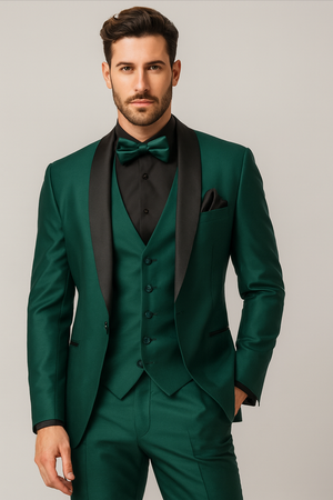 Mens Emerald Green Tuxedo with Black Satin Shawl Lapel 