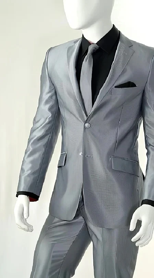 Men'S Shiny Silver Gray ~ Grey Light Flashy Slim Look Cheap Priced Business Suits Clearance Sale Men'S Sharkskin Suit