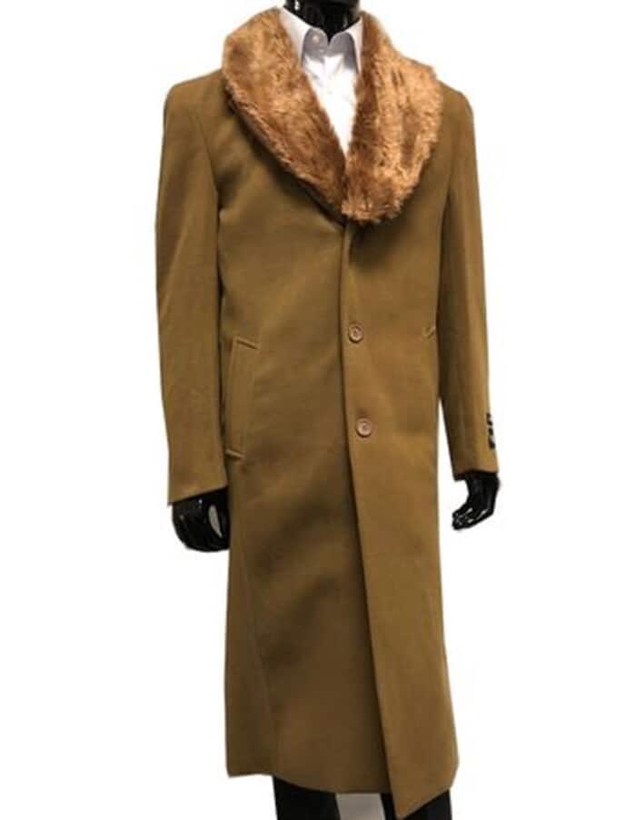 Coat Mens Wool mens Overcoat With Fur Collar Full Length 48 Inches