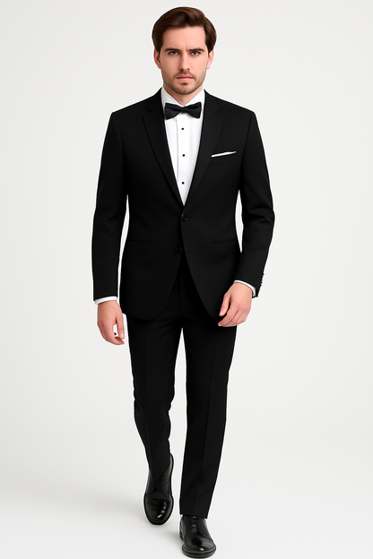Mens 100% Wool 1 Button Peak Lapel Tuxedo in Black