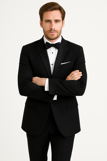 Mens 100% Wool 1 Button Peak Lapel Tuxedo in Black