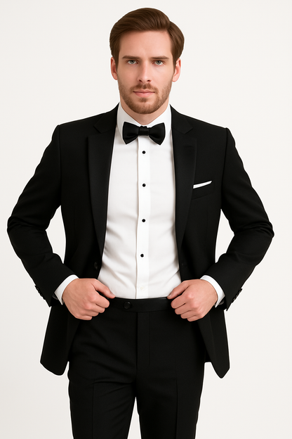 Mens 100% Wool 1 Button Peak Lapel Tuxedo in Black