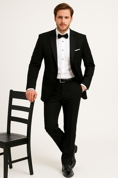 Mens 100% Wool 1 Button Peak Lapel Tuxedo in Black