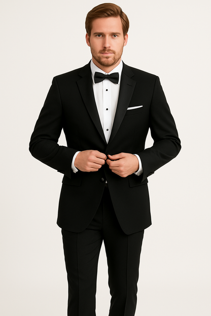 Mens 100% Wool 1 Button Peak Lapel Tuxedo in Black