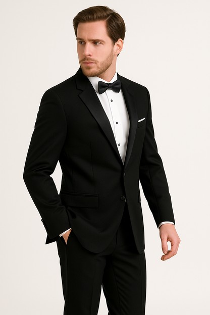 Mens 100% Wool 1 Button Peak Lapel Tuxedo in Black