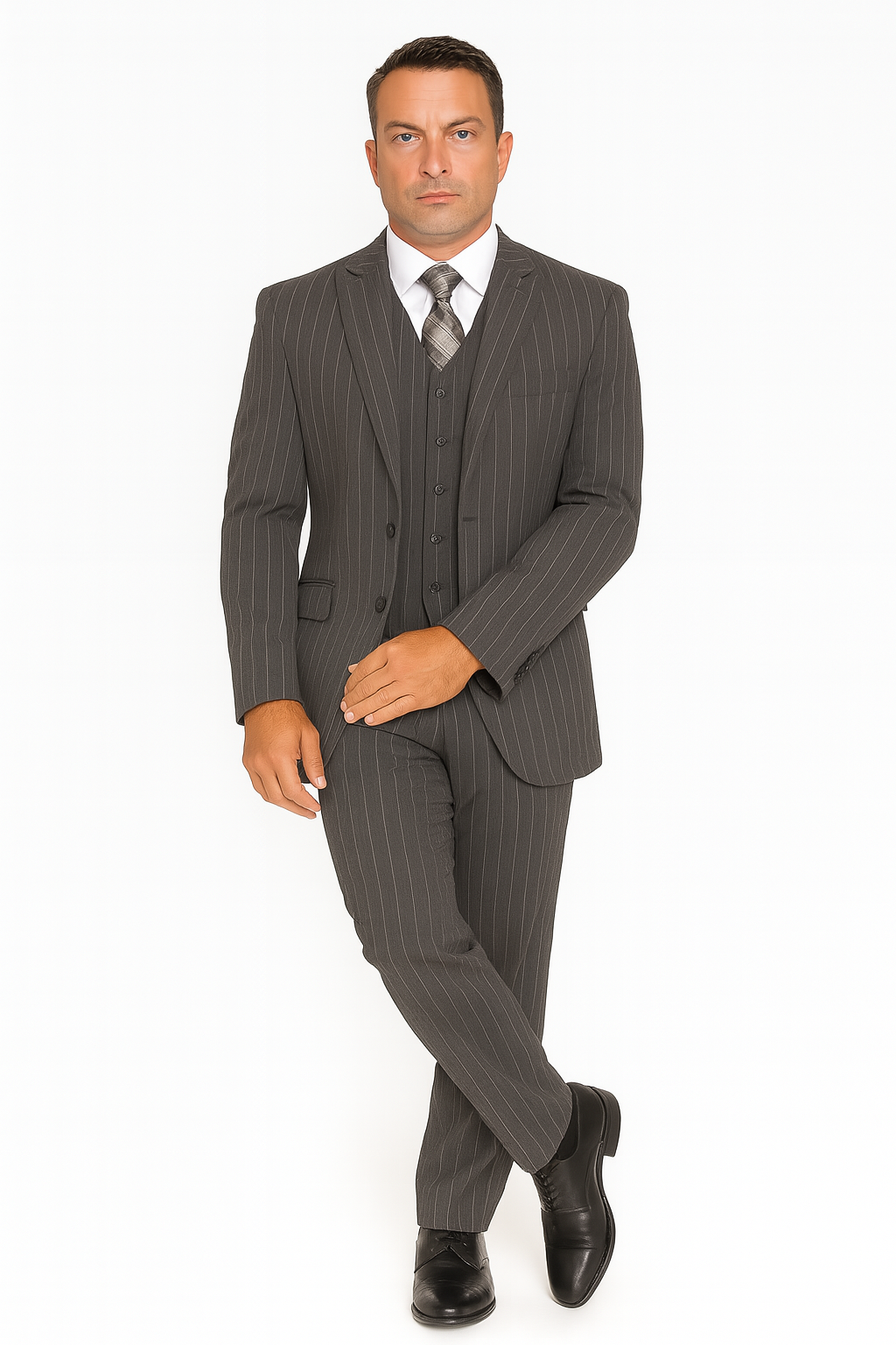 Mens Modern Fit Venetian Gatsby Suit – Charcoal Pinstripe with Vest - Banker Stripe
