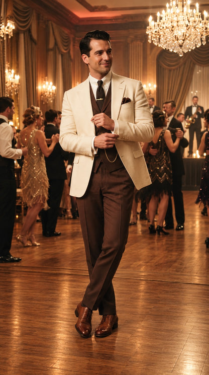 Great Gatsby 1920s Ivory Dinner Jacket with Brown Vest and Pants – Cream Off-White Collar Outfit