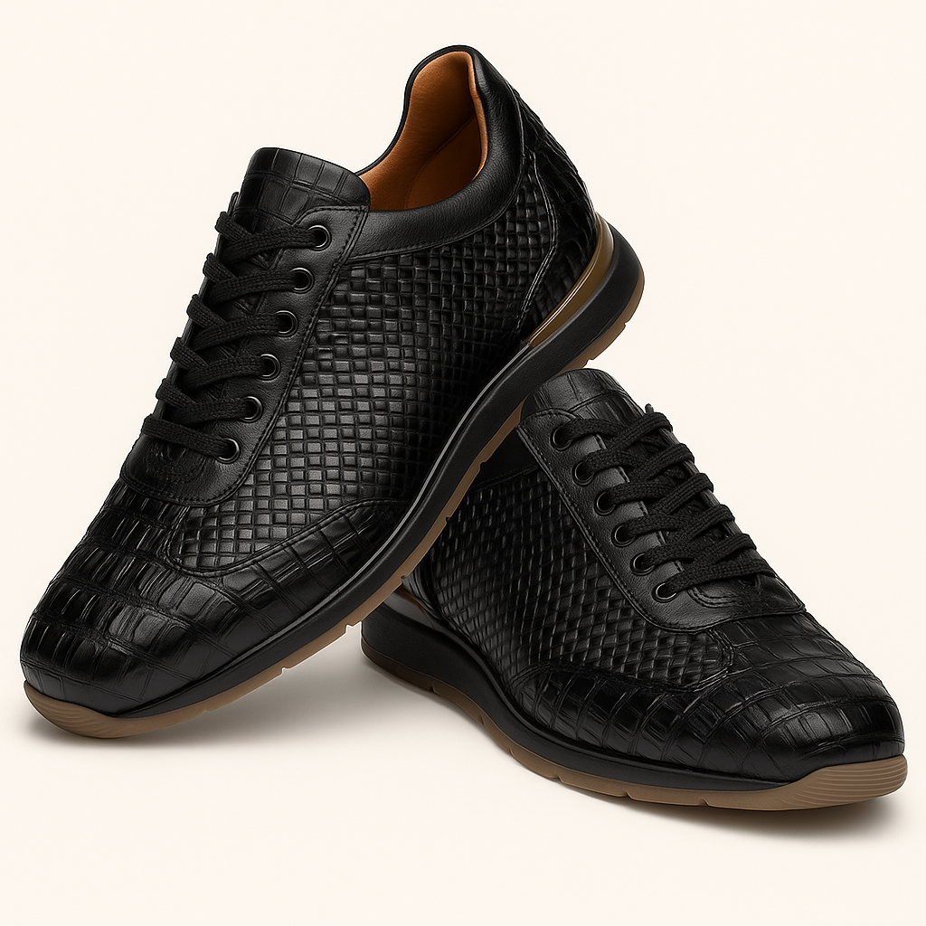Marco Di Milano Roma Men's Shoes Black Genuine Caiman Crocodile / Woven Leather Fashion Sneakers
