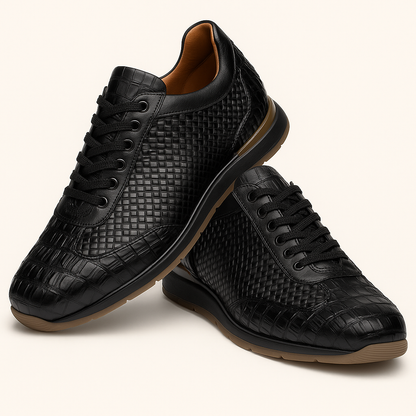 Marco Di Milano Roma Men's Shoes Black Genuine Caiman Crocodile / Woven Leather Fashion Sneakers