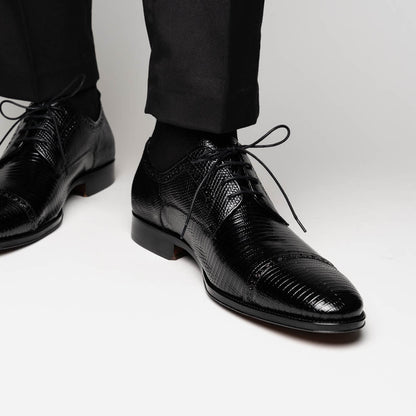 Zelli Giovanni Genuine Lizard Cap Toe Brogue Dress Shoes in Black