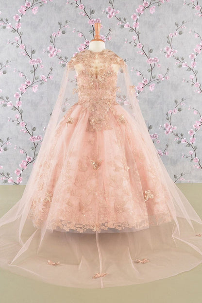 Girls 3D Butterfly Sleeveless Cape Gown by Elizabeth K GK114 - Girls Formal Dresses