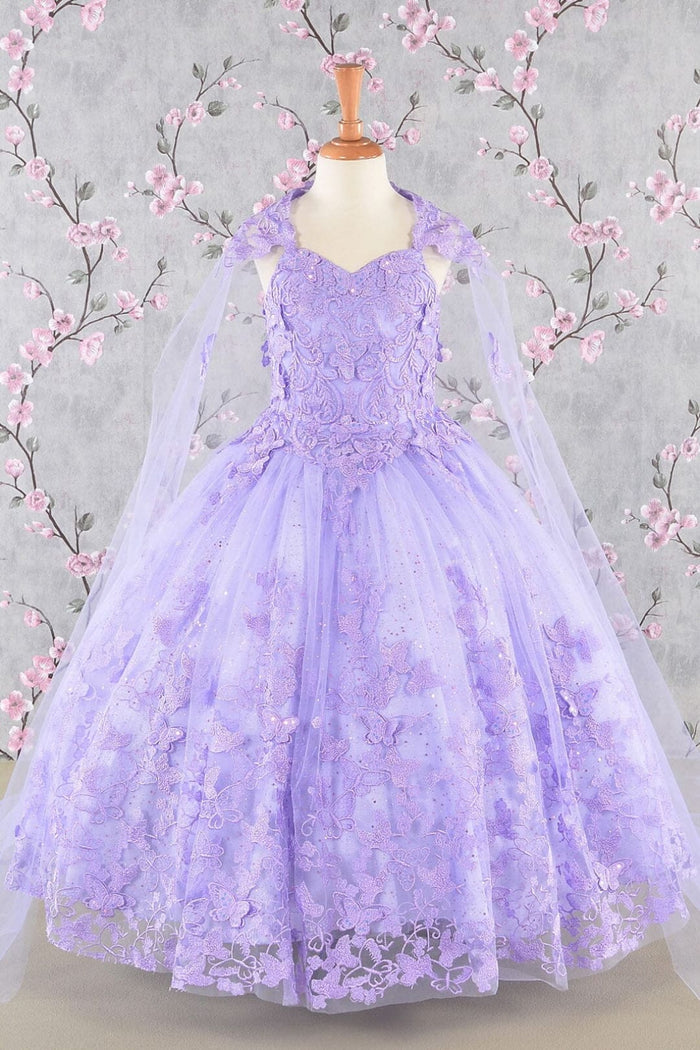 Girls 3D Butterfly Sleeveless Cape Gown by Elizabeth K GK114 - 2 / Lilac - Girls Formal Dresses