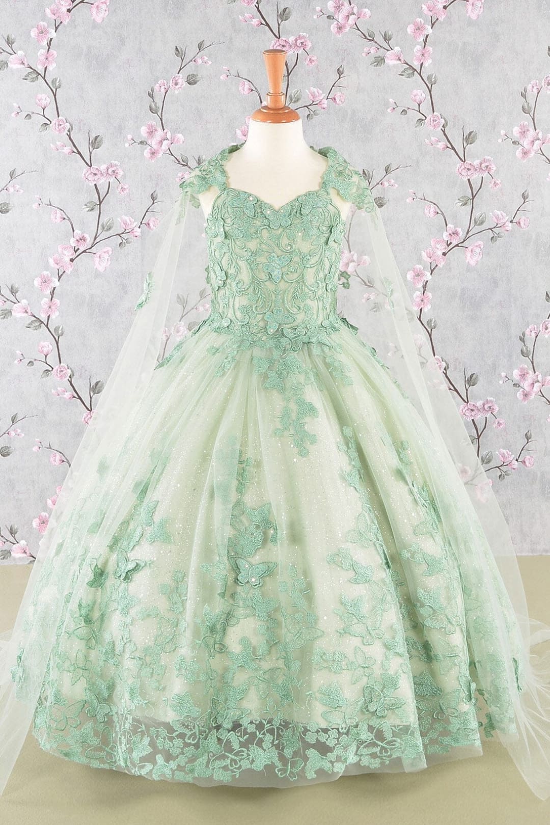 Girls 3D Butterfly Sleeveless Cape Gown by Elizabeth K GK114 - 2 / Sage - Girls Formal Dresses