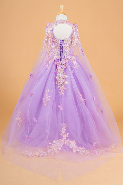 Girls 3D Floral Cape Gown by Elizabeth K GK119 - Girls Formal Dresses