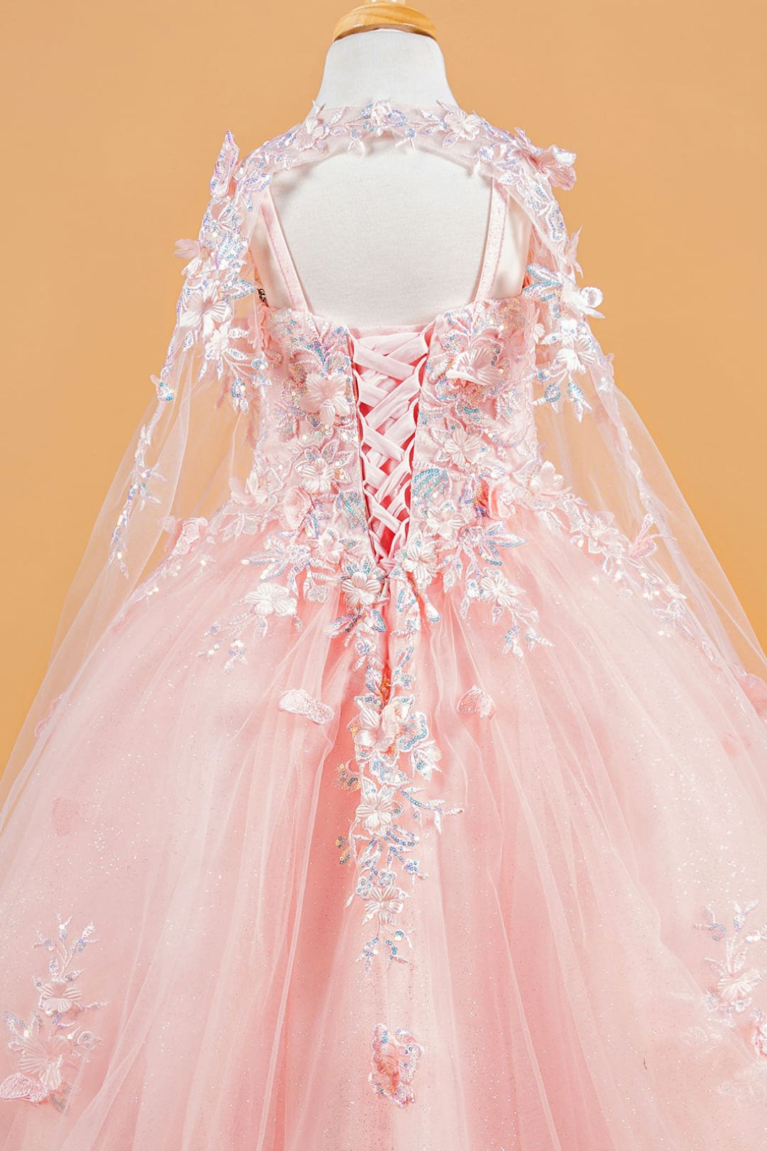 Girls 3D Floral Cape Gown by Elizabeth K GK119 - Girls Formal Dresses