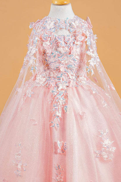Girls 3D Floral Cape Gown by Elizabeth K GK119 - Girls Formal Dresses