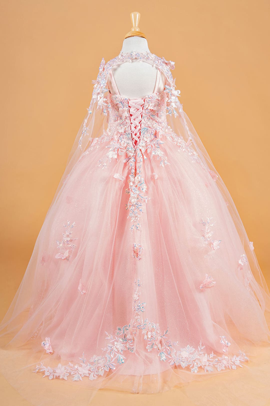 Girls 3D Floral Cape Gown by Elizabeth K GK119 - Girls Formal Dresses