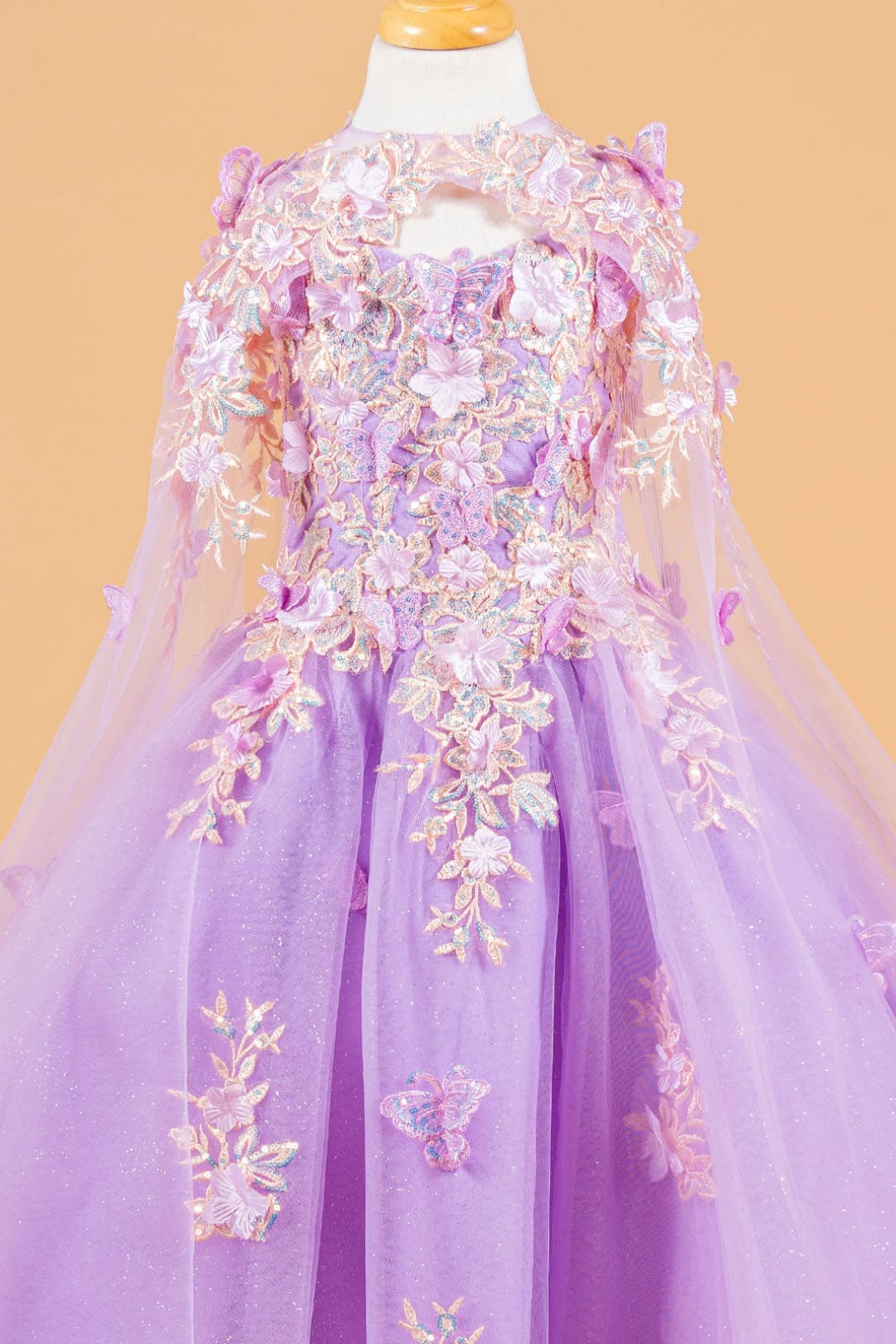 Girls 3D Floral Cape Gown by Elizabeth K GK119 - Girls Formal Dresses