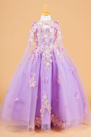 Girls 3D Floral Cape Gown by Elizabeth K GK119 - 2 / Lilac - Girls Formal Dresses