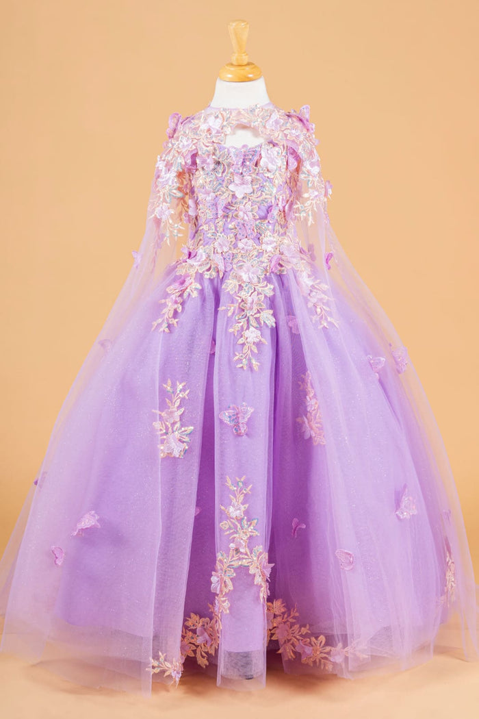 Girls 3D Floral Cape Gown by Elizabeth K GK119 - 2 / Lilac - Girls Formal Dresses
