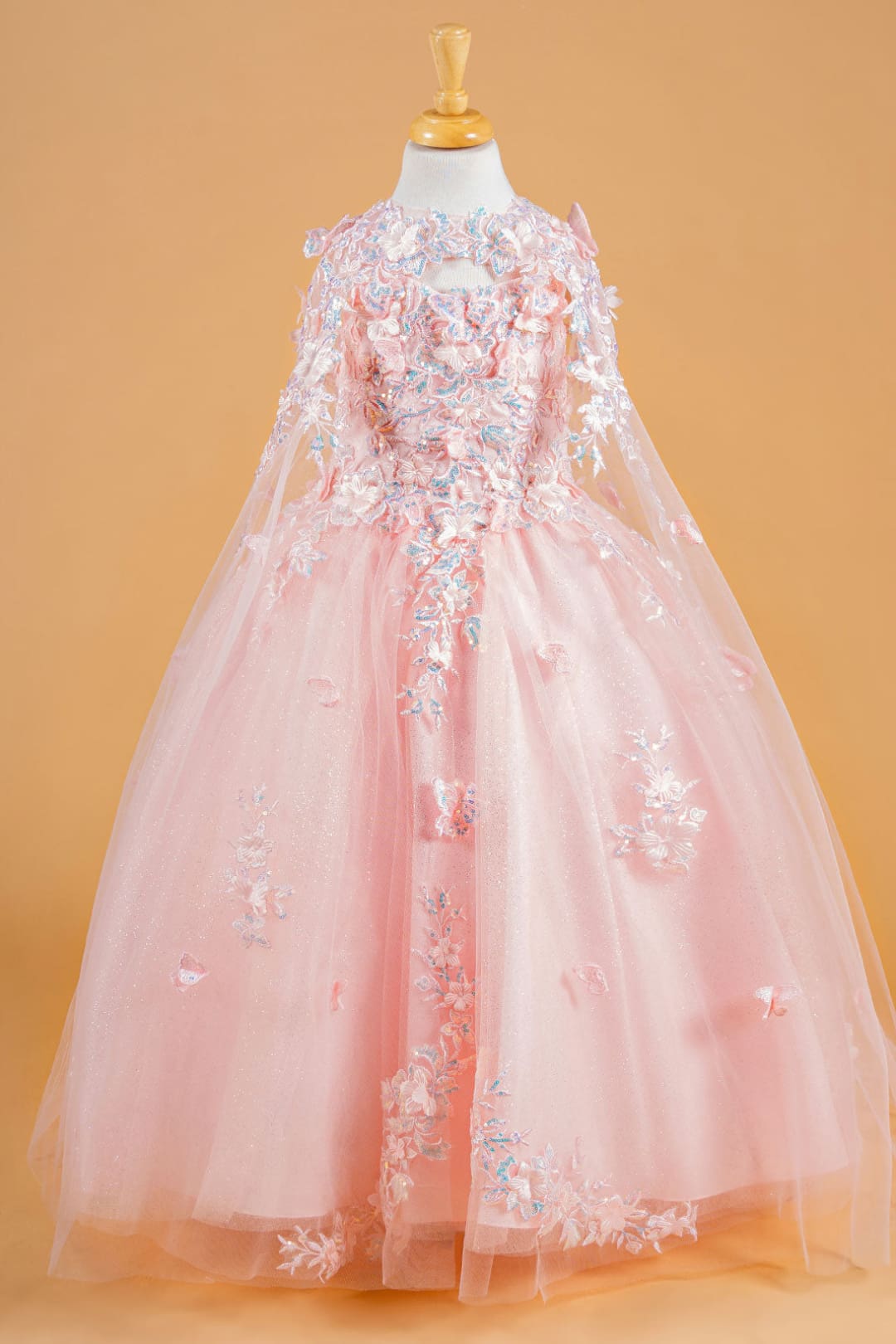 Girls 3D Floral Cape Gown by Elizabeth K GK119 - 2 / Pink - Girls Formal Dresses