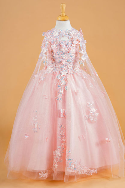 Girls 3D Floral Cape Gown by Elizabeth K GK119 - 2 / Pink - Girls Formal Dresses