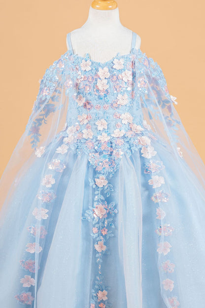 Girls 3D Floral Cape Sleeve Gown by Elizabeth K GK118 - Girls Formal Dresses