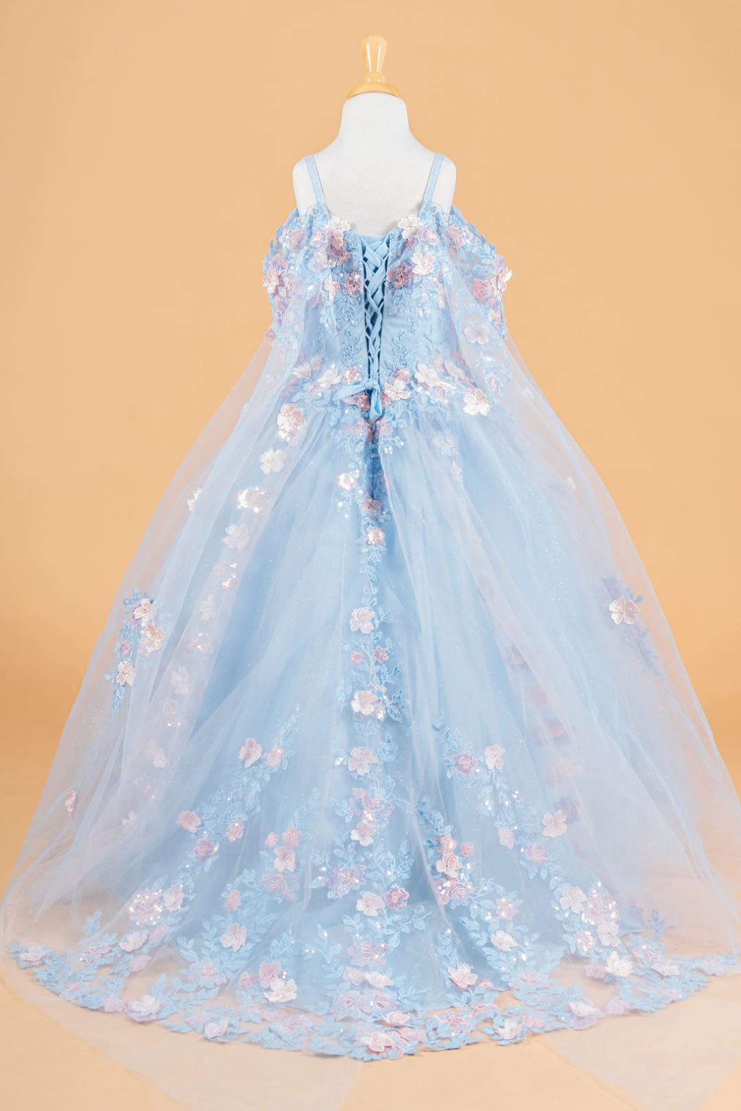 Girls 3D Floral Cape Sleeve Gown by Elizabeth K GK118 - Girls Formal Dresses