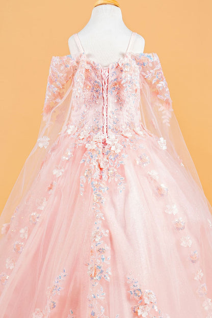 Girls 3D Floral Cape Sleeve Gown by Elizabeth K GK118 - Girls Formal Dresses