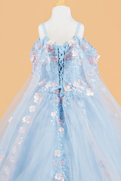 Girls 3D Floral Cape Sleeve Gown by Elizabeth K GK118 - Girls Formal Dresses