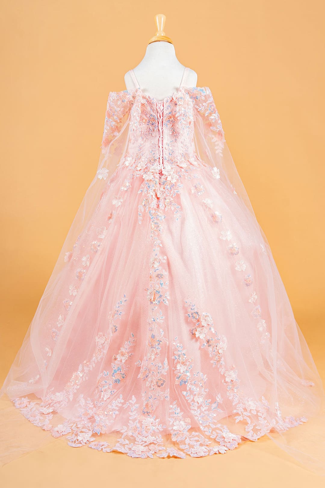 Girls 3D Floral Cape Sleeve Gown by Elizabeth K GK118 - Girls Formal Dresses