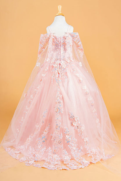 Girls 3D Floral Cape Sleeve Gown by Elizabeth K GK118 - Girls Formal Dresses