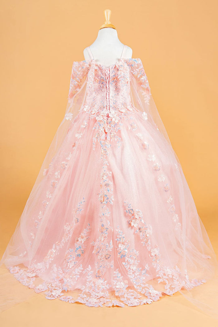 Girls 3D Floral Cape Sleeve Gown by Elizabeth K GK118 - Girls Formal Dresses